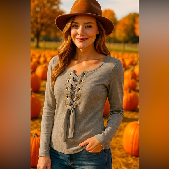 Free People Tops - Free People Gray Lace-Up Long Sleeve Top Women’s Size Large